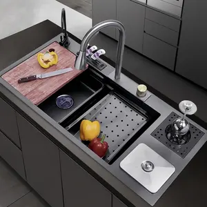 Tiktok popüler lüks büyük boy mutfak lavabo çok fonksiyonlu mutfak büyük tek yuvası ile fincan yıkayıcı siyah mutfak lavabo