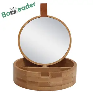 Wholesale Eco-Friendly Custom Round Portable Travel Hd Makeup Mirror With Brown Bamboo Wood Storage Organizer Box Vanity Mirrors