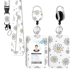 White flower carabiner badge scroll with <b>clip</b>, printable customer design card holder, lanyard set, in stock. - Product Image 1