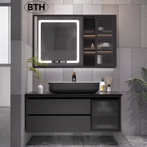Mueble de Baño de Cerámica de Lujo con Encimera de Piedra, <span class=keywords><strong>Espejo</strong></span> Inteligente LED, Almacenamiento, Impermeable y con Función <span class=keywords><strong>Antivaho</strong></span> - Product Image 1