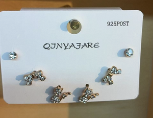 Qjnyajare Set di orecchini a bottone 3 paia di orecchini a forma di fiocco con strass in cristallo placcato oro per gioielli da donna alla moda 925 Post - Product Image 3