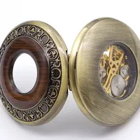 Montre de poche mécanique en bronze avec chaîne FOB en bois massif, cadran romain, squelette évidé style steampunk, pour hommes et femmes PJX1396