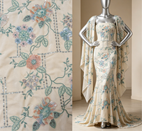 Tela de Terciopelo Elástica Bordada con Lentejuelas Florales en Color Pastel Macaron, Estilo Vintage Campestre, Bordado Completo, para Bodas de Otoño