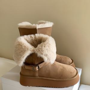 Sepatu Bot Salju Wanita Kulit Asli YL Sol Tebal, Model Dua Pakai, Musim Gugur Musim Dingin, Berbahan Beludru Hangat Berbulu, Bernapas, dengan Gesper Tali Sepatu Model Mid-Barrel - Product Image 3