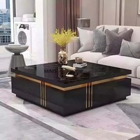 Meubles de salon, table basse moderne de luxe en motif ardoise noire, support TV au sol, tiroirs en bois, acier inoxydable doré