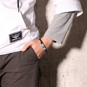 Mens <b>Leather</b> Magnet <b>Bracelets</b> Stainless Steel Custom Engraving Blank bar <b>Bracelet</b> - Product Image 5