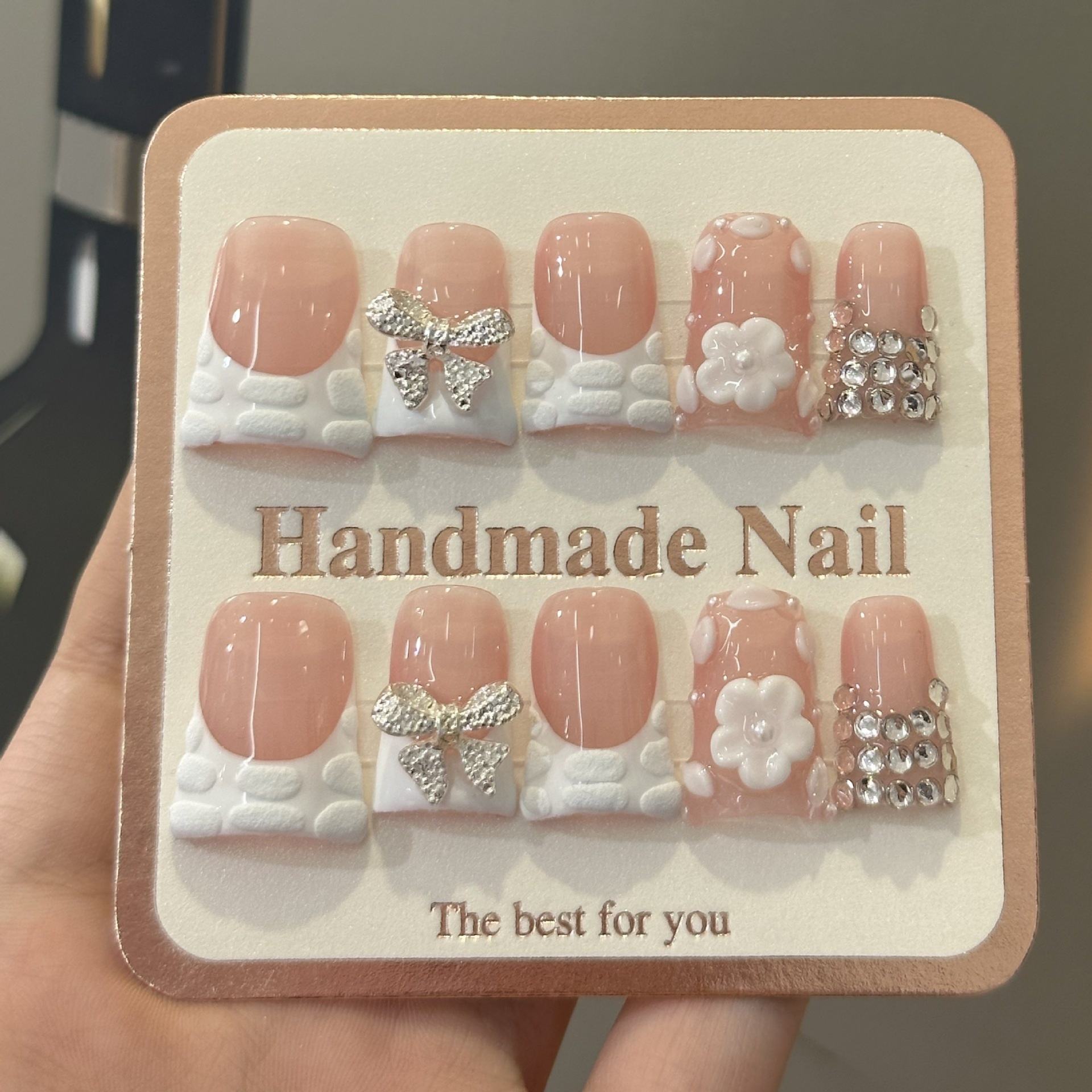 Hot Sale Wholesale 10pcs Handmade Pink French Manicure 3D Carved Flowers Design Duckbill Handmade Sweet Cool Press on Nails