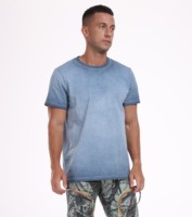 Elegante camiseta casual de teñido en frío para hombres, camiseta azul 100% de algodón para hombres, Camiseta con cuello en V para hombres