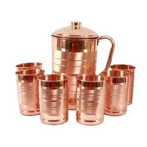 Handmade Pure Copper Luxury Jug Pitcher storage drinking Water Copper Pitcher With Small Glass & Copper Shot Glass Set of 2