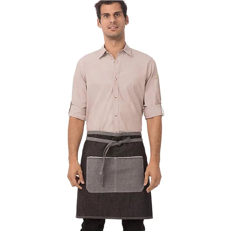คุณภาพสูงที่กำหนดเองโลโก้ Chef ครัว Waitress Unisex ครึ่ง Bistro Denim เอวผ้ากันเปื้อนกับพ็อกเก็ต