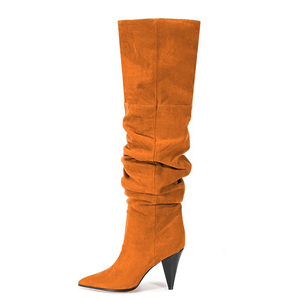 Large Size 45 High-Heeled Pointed Toe Women Suede Pleated <b>Shoes</b> Wide Fit Over the Knee Boots Spike Heels Long Booties - Product Image 4