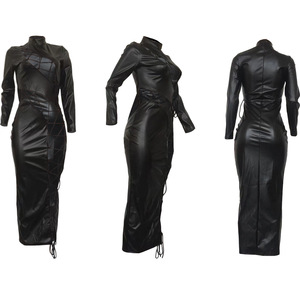 Sonbahar kış Bodycon çekici uzun kollu kravat up delik Faux deri kaplumbağa yaka Maxi seksi parti elbiseler - Product Image 2