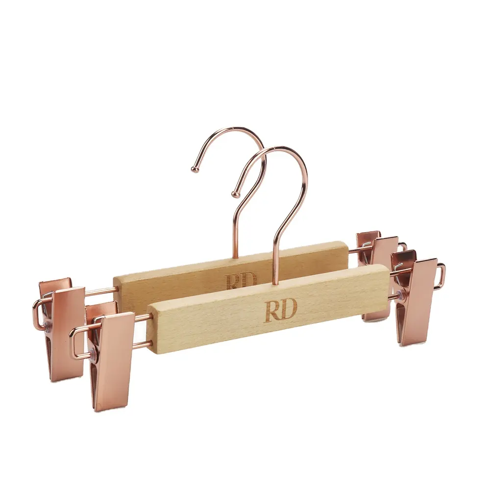 Hot sale customized logo wooden pants hanger with rose gold clips
