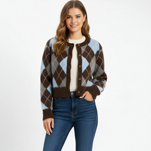 Pull à boutons à manches longues pour fille, style preppy, en <span class=keywords><strong>crochet</strong></span> Argyle, vente chaude - Product Image 1