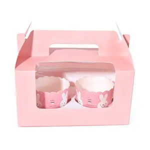 Impresión personalizada de color rosa cuadrado pastel caja de papel Cupcake embalaje con asa