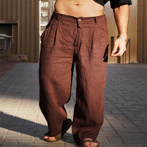 Fall Leisure Loose Straight <strong>Trousers</strong> <strong>Mens</strong> Casual Loose Solid Color Cotton <strong>Linen</strong> Pants <strong>Men</strong> Vintage Mid Waist <strong>Linen</strong> <strong>Trousers</strong> - Product Image 2