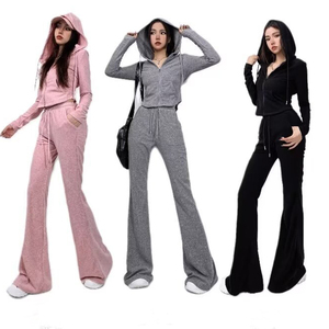 Felpe con cappuccio con cerniera piena di alta qualità CNSHELL e tute svasate con spago e pantaloni svasati 2 pezzi Set donna - Product Image 2