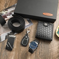Set Hadiah Jam Tangan Pria Chronograph Bisnis, Dompet, Sabuk, Gantungan Kunci 5pcs/set, Hadiah Ulang Tahun Liburan