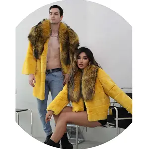Long And Short Couple Rabbit Style Women And Men Real Raccoon Fur Collar Rabbit Fur Jacket