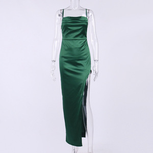 Nuovo Arrivo: Abito <span class=keywords><strong>Lungo</strong></span> Sexy in Raso <span class=keywords><strong>con</strong></span> <span class=keywords><strong>Spacco</strong></span> Alto, Plissettato e Schiena Scoperta per Donna - Product Image 2