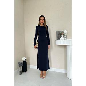 Vestido Largo Ajustado Azul Marino con Cuello Alto y Cintura Natural, Cómodo para la Noche - Product Image 5