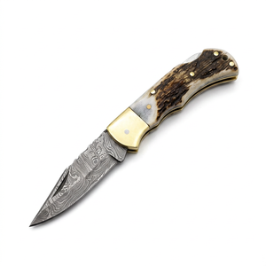 Cuchillo Plegable de Acero de Damasco de Grado Industrial Profesional Pak Enterprises con Mango de Asta de Ciervo y Hoja de Punta Caída Personalizable OEM - Product Image 1