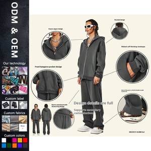 Ensemble sweat à capuche zippé et pantalon décontracté pour homme, couleur unie, tendance automne, 345G, col à capuche, grande taille, hiver - Product Image 1