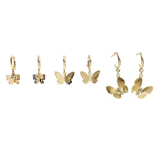 新款时尚设计3种不同的镂空蝴蝶吊坠镀金耳环