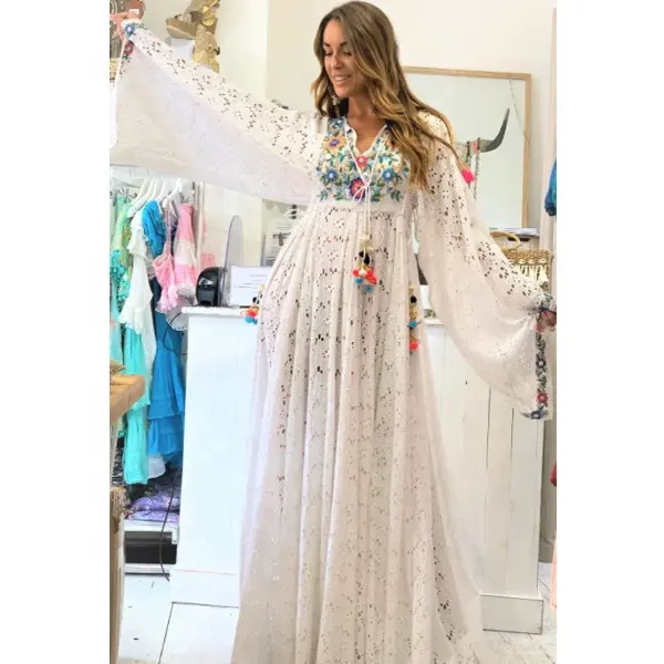 Kain Renda Mewah Premium Lengan Kimono Wanita Bordir Bunga Maxi Gaun Resor Dekorasi Maksi Payet Mode Tinggi & Manik