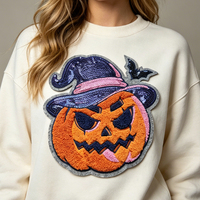 Nouveaux Patchs Thermocollants Géants en Chenille Brodés de Paillettes Citrouille Personnalisées pour Halloween 2026, Découpés au Laser pour Vêtements