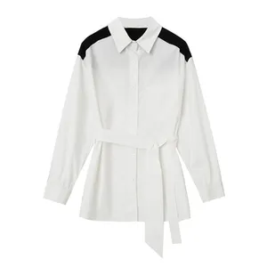 超大号长袖白色女式上衣100% 棉女式宽松衬衫上衣便宜女式衬衫