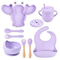 Ensemble de vaisselle pour bébé 8 pièces avec poignée en bois, compatible micro-ondes : bol, assiette homard, bavoir, assiette compartimentée, cuillère, fourchette, tasse