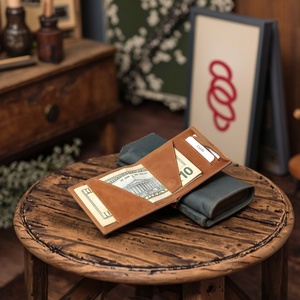 Cowhide Open Leather Anti-Theft Vintage Stylish Design Portable Unisex Credit <b>Id</b> Card <b>Holder</b> Nylon Thread Short Pocket - Product Image 3