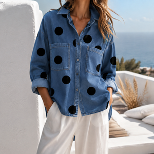 Camicia da Donna Personalizzata OEM ODM con Stampa a Pois, Blusa Oversize a Maniche Lunghe, Elegante e Casual con Bottoni - Product Image 3