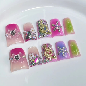Faux ongles réutilisables créatifs à motif <span class=keywords><strong>dessin</strong></span>é à la main, design mignon et original 'Bec de Canard', faits main, à presser, de haute qualité, avec diamants décoratifs - Product Image 2
