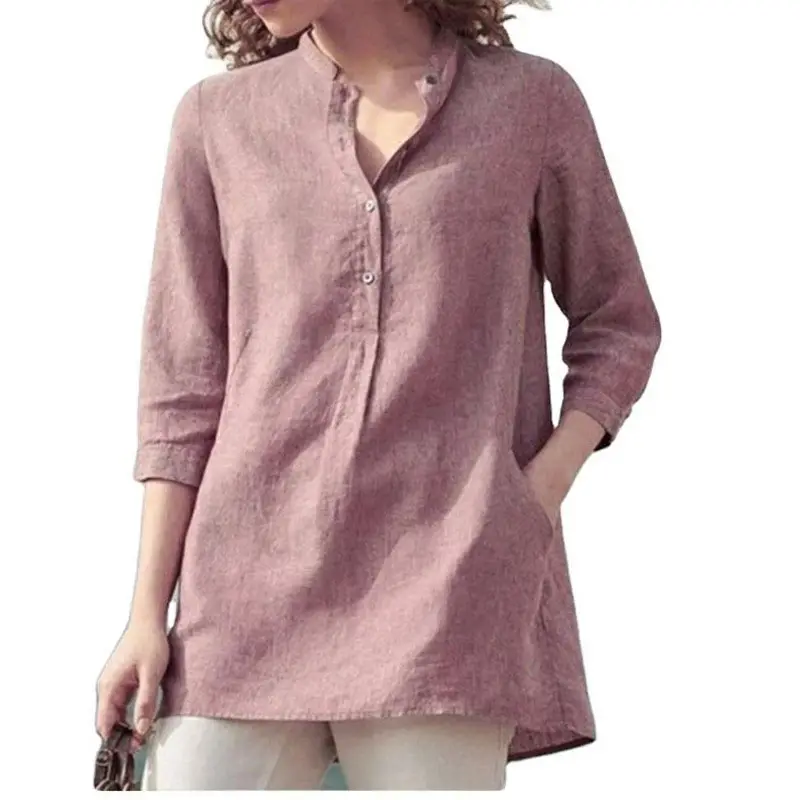 New European and American women's solid color three-quarter sleeve stand-up collar cotton and linen casual pullover shirt
