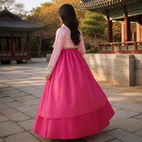 Ensemble Hanbok pour femmes, rose, Jeogori, jupe Chima magenta, col brodé, ruban Goreum, costumes traditionnels coréens pour scène et danse