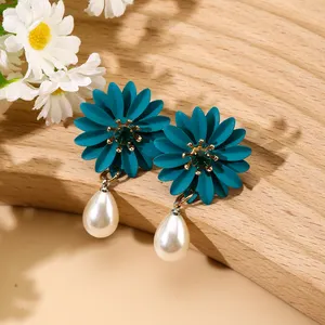 Queming Mode Peint Fleur Boucles D'oreilles Goutte Forme Imitation Perle Simple Mignon Polyvalent Boucles D'oreilles