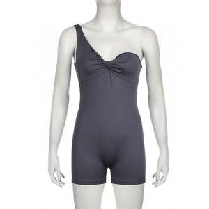 C0066 Shorts tute da donna Casual 2024 estate in tinta unita monospalla sportiva un pezzo - Product Image 6