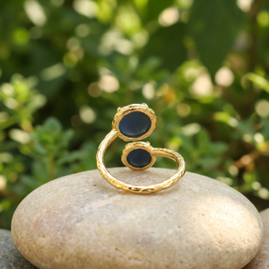 Natural blue opal gemstone <b>ring</b> double round stone glossy <b>ring</b> prong <b>set</b> designer textured gold plating <b>ring</b> for regular wear - Product Image 6