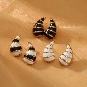 Trendy Black And White Stripe Water Drop Horn Shaped Enamel Studs Earrings Women's Stainless Steel 18K Gold Jewelry Waterproof