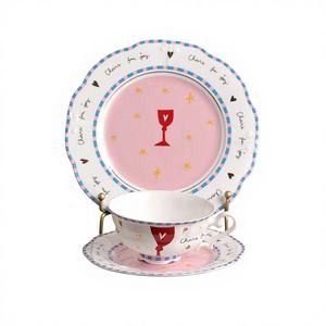 Nouvel ensemble de 3 pièces en porcelaine fine européenne pour salade et tasses avec soucoupes, motif végétal, luxe, écologique - Product Image 1