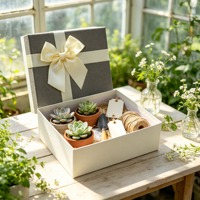 Caja de regalo gris con cinta de satén crema, etiqueta de cuerda con diseño de cuchara para suculentas, set de plantas para jardinería de invernadero, exhibición al por mayor con relieve