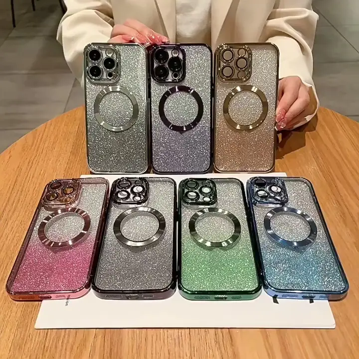 Electroplate Glitter Phone Case For iPhone 16 15 Pro Max 14 13 12 11 Magnetic Ring With Camera Protect Phone Cover