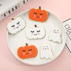 Halloween Pumpkin Applique Patch Cartoon Design Iron On Chenille Embroidered Patches For Clothing Bag