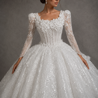 Robe de mariée classique et modeste, coupe princesse, à manches longues, avec corset illusion, dentelle florale 3D, perles et paillettes, grande taille, sur mesure