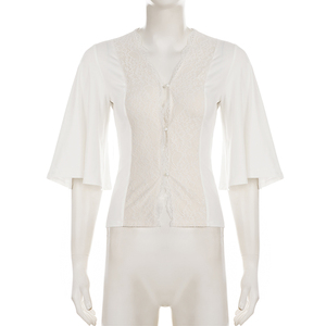 French Elegant Lace Patchwork Cut Out Sheer <b>V</b> <b>Neck</b> Half Sleeve Flared Sleeve <b>T</b> <b>Shirt</b> for <b>Women</b> - Product Image 6