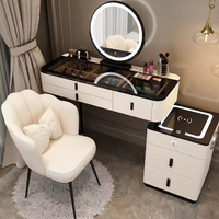 Ensemble coiffeuse 1688 avec miroir LED, chargement sans fil, accents or blanc, meuble de chambre et de salon en bois massif