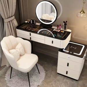 Modern Makeup <b>Vanity</b> Dresser Set LED <b>Mirror</b> Wireless Charging White Gold Accents Bedroom Furniture Living Room Solid Wood - Product Image 2