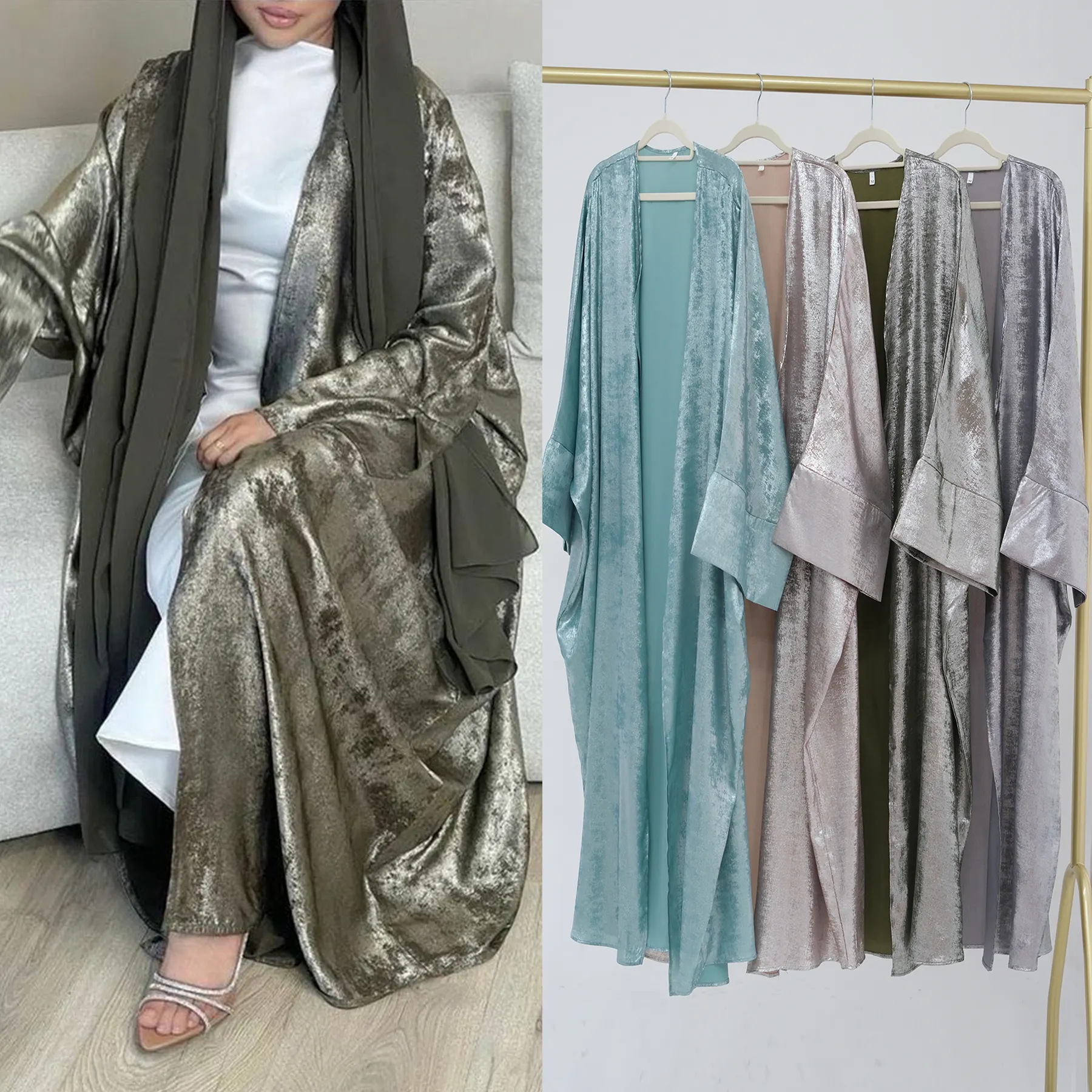 2024 nuovo Cardigan Abaya Shinny poliestere modesto donna Abaya musulmano abito Dubai Open Abaya moda abbigliamento islamico